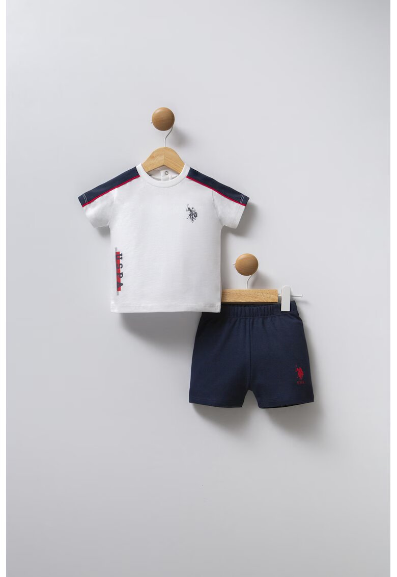 US Polo Assn Памучна тениска с яка и шорти - Мръснобял/Тъмносин