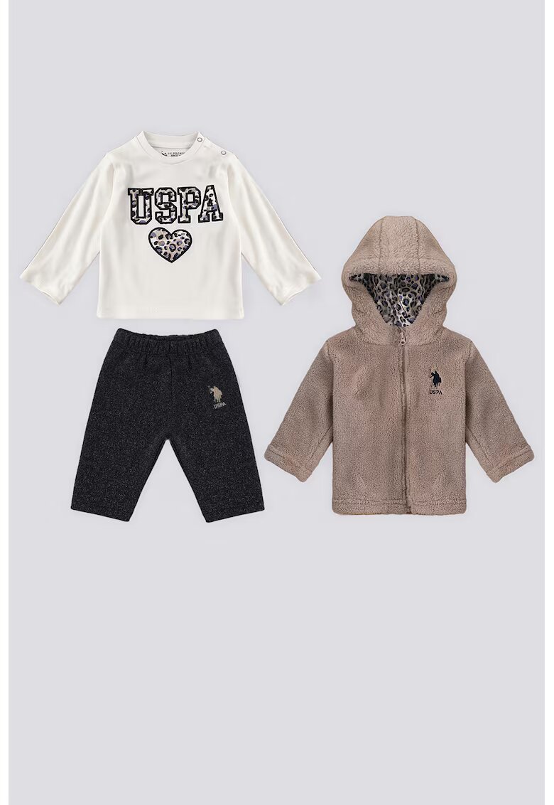 US Polo Assn Пухени яке - блуза и панталон - Бял/Светло кафяво/Антрацитно сиво