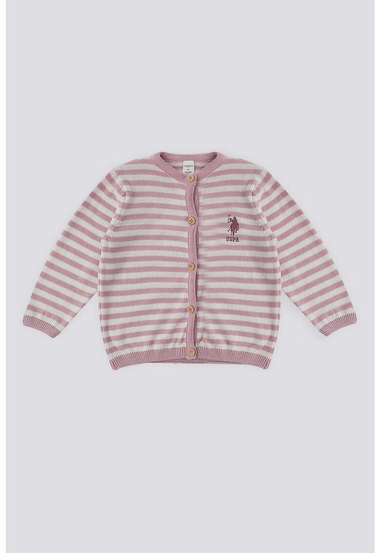 US Polo Assn Пуловер с копчета и райе - Тъмнорозов/Мръснобял