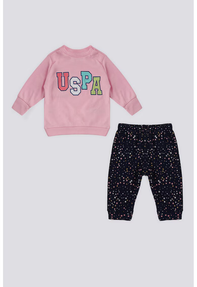 US Polo Assn Суитшърт с принт и панталон - 2 части - Бял/Ултрамарин синьо/Пастелнорозов