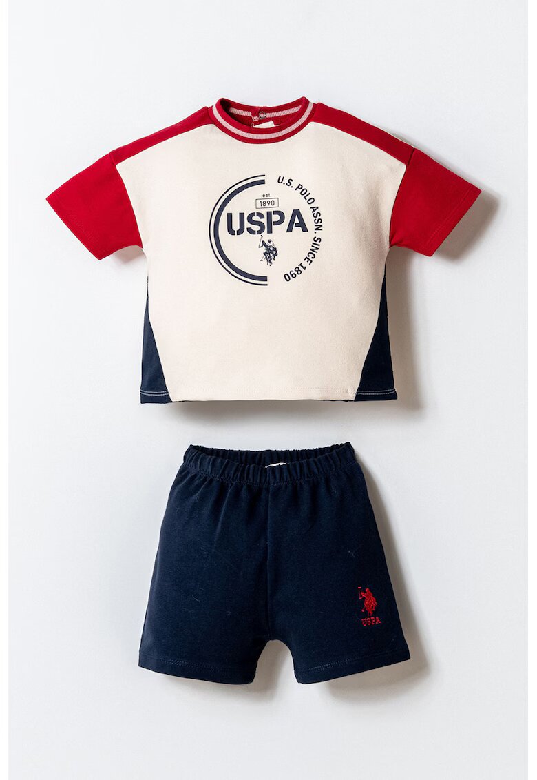 US Polo Assn Тениска с принт и къс панталон - 2 части - Бял/Въглен сиво