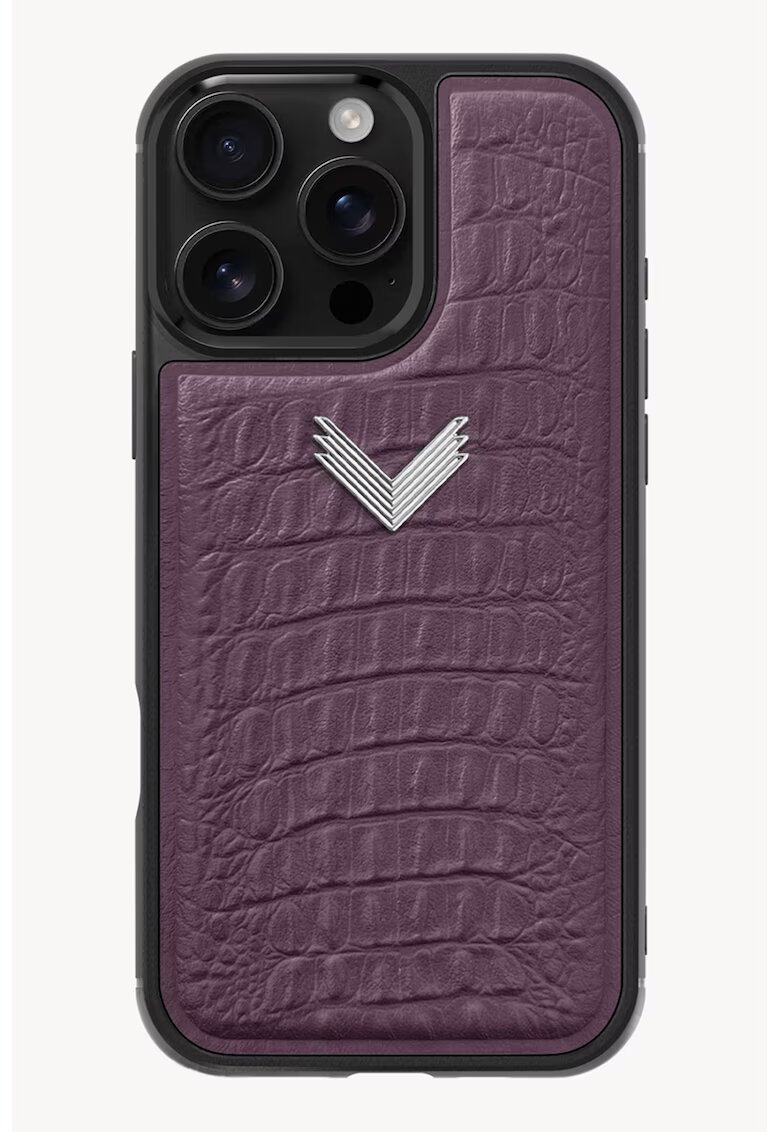 VELANTE OFFICIALE Унисекс кожен калъф за iPhone 16 Pro Max с шагрен - Черен/Виолетов