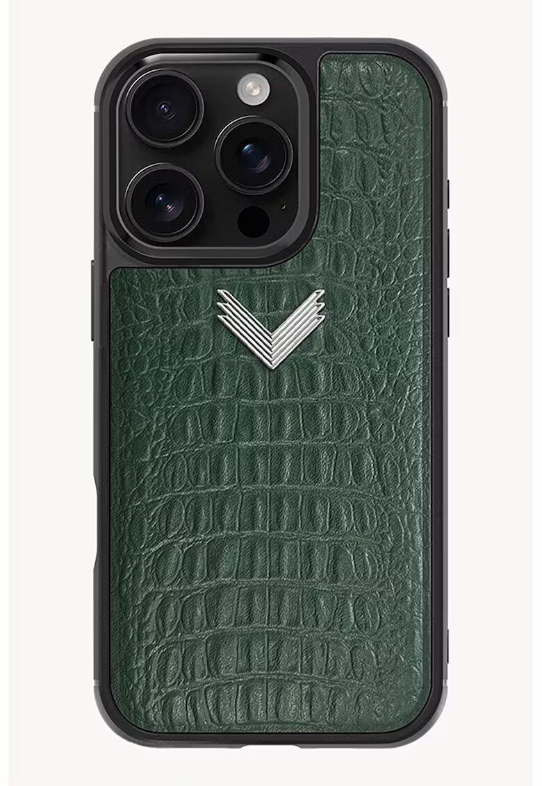 VELANTE OFFICIALE Унисекс кожен калъф за iPhone 16 Pro с шагрен - Тъмнозелен