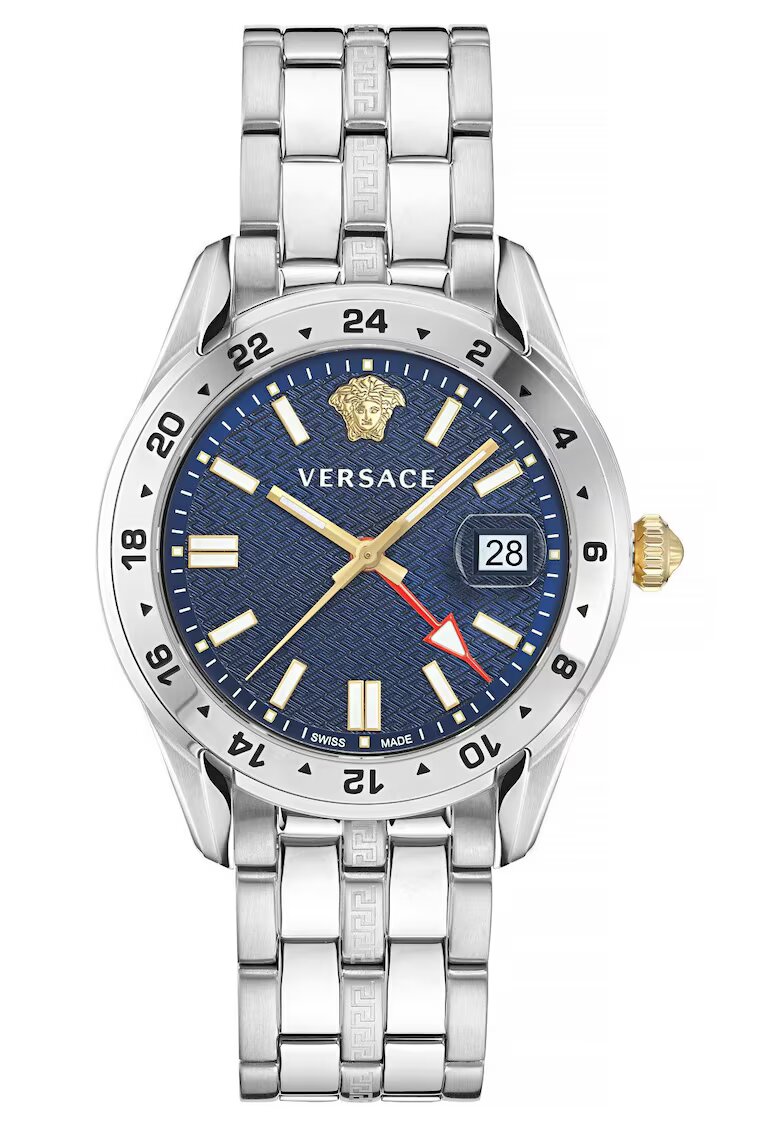 Versace Мъжки часовник кварцов механизъм Ronda 515.24D GMT - сребърна верижка - син циферблат - 5 ATM