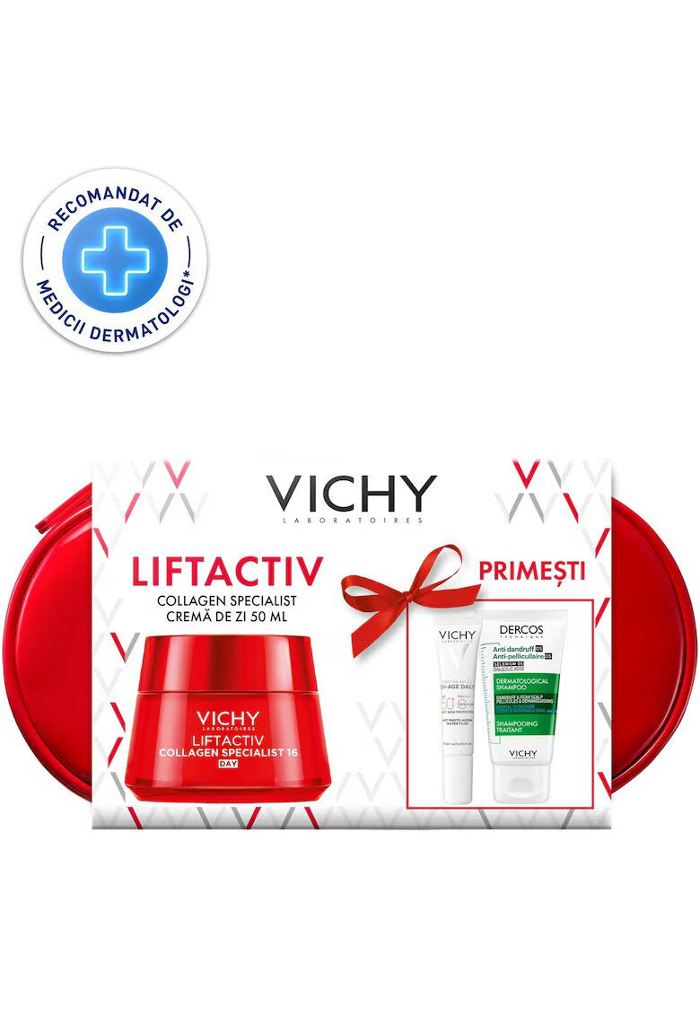Vichy Комплект : Дневен крем Liftactiv Collagen Specialist за всеки тип кожа - 50 мл + Шампоан Dercos против пърхот - 50 мл + Защитен флуид Capital Soleil UV-AGE DAILY SPF50+ - 15 мл