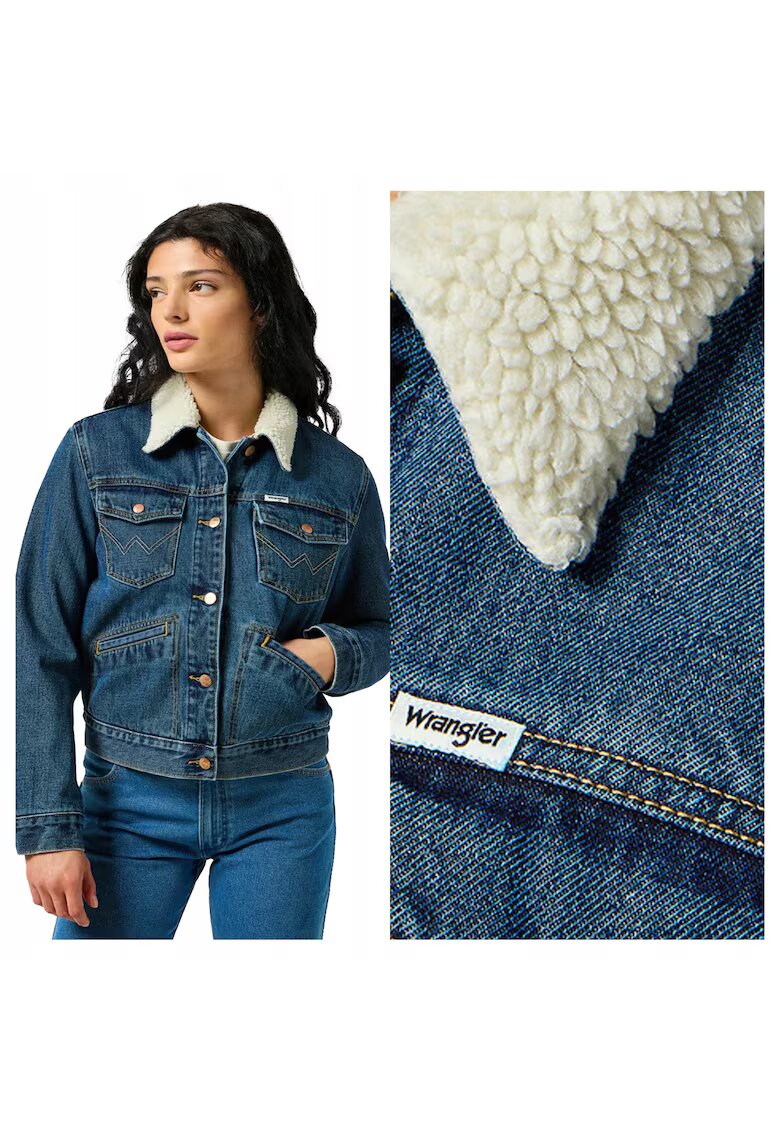 Wrangler Дамско Яке - Heritage Sherpa Jacket - Regular Fit - Класически Дизайн - Дълги Ръкави - 2 Джоба - С Копчета - Памук - S INTL - Синьо