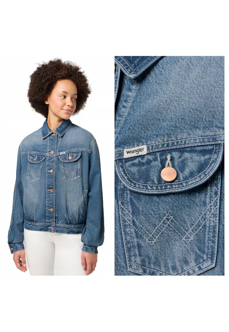 Wrangler Дамско Яке - Jumbo Trucker Jacket - Стандартна Кройка - Класически Дизайн - Дълги Ръкави - 2 Джоба - С Копчета - Памук - Синьо