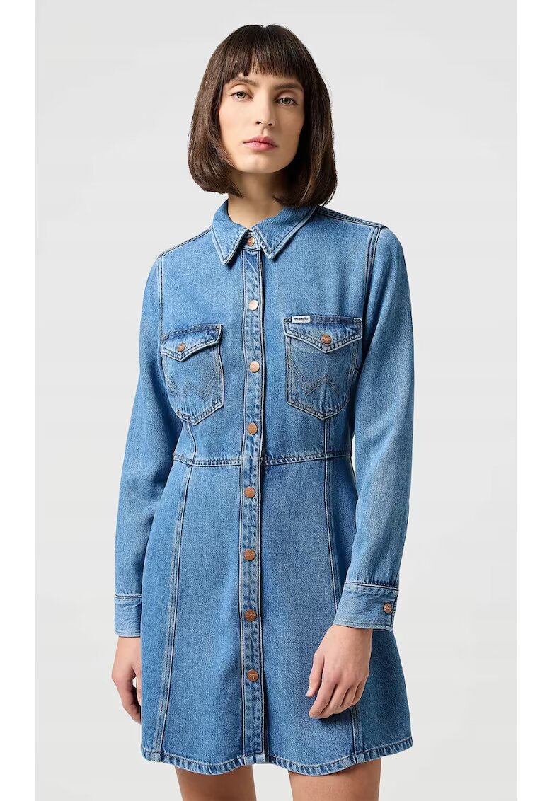 Wrangler Рокля-риза деним/лиосел - вталена разкроена кройка - светлосиньо