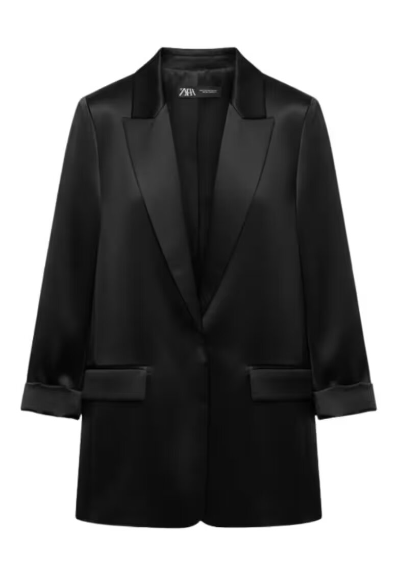 Zara Дамско сако сатенирано - вискоза - класическа кройка - черно