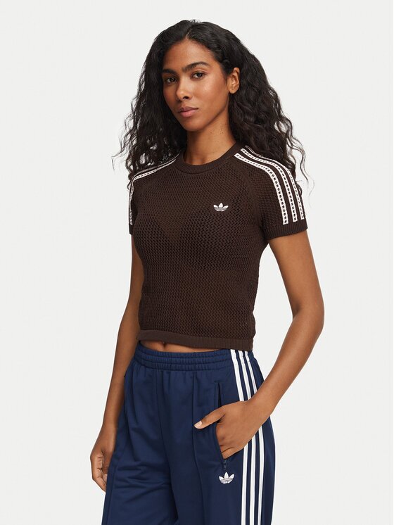 adidas Тишърт Knitted Crochet Cali KC6480 Кафяв Slim Fit