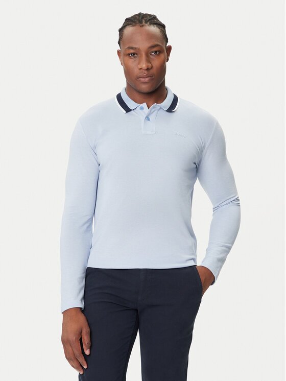 BOSS Тениска с яка и копчета Peoxfordlong_1 50544845 Светлосиньо Regular Fit