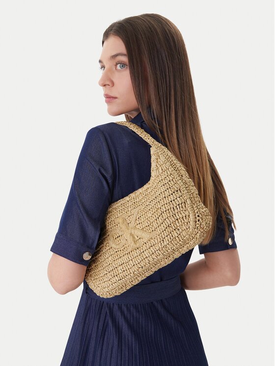 CALVIN KLEIN Дамска чанта Bold Ck Raffia Sm Shoulder Bag LV04F3449G Кафяв