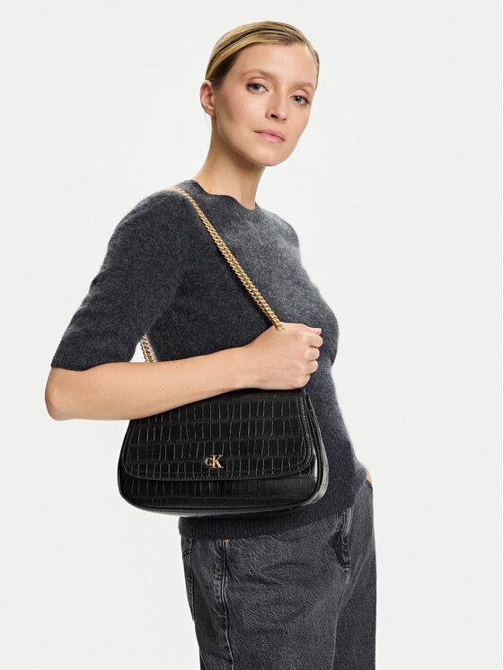 CALVIN KLEIN Дамска чанта Ck Croc Conv Chain Medium Bag LV04F3284G Черен