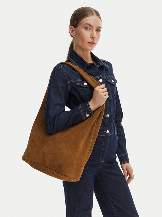 CALVIN KLEIN Дамска чанта Slouchy Suede Leather Medium Bag LV04F3597G Кафяв