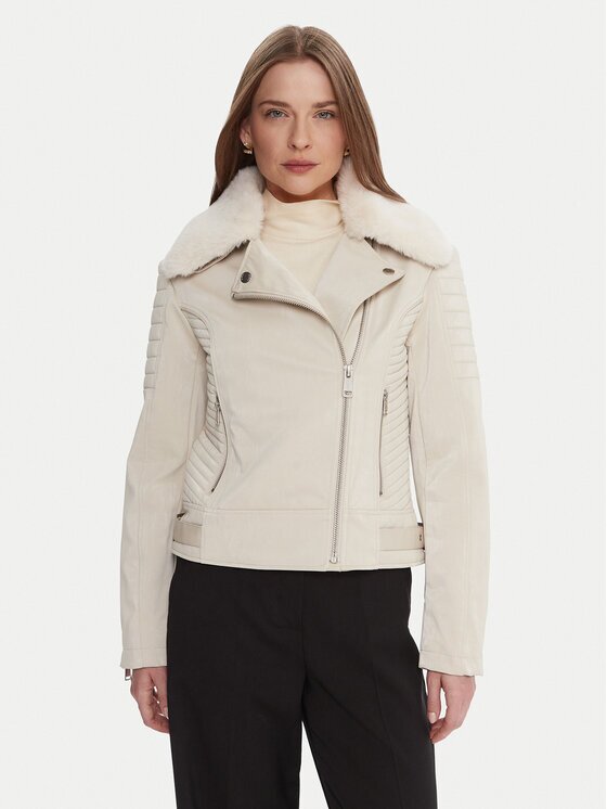 GUESS Кожено тип рокерско яке W5BL35 W2820 Екрю Regular Fit