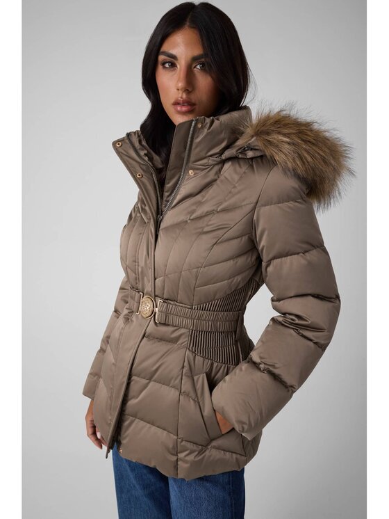 GUESS Пухено яке W6BL38 W4087 Тъмнобежов Slim Fit