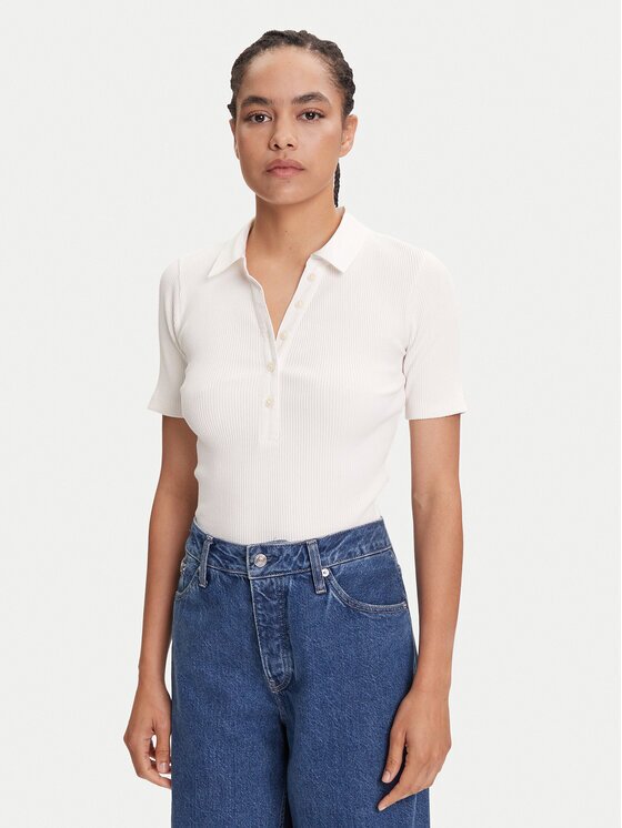 Marc O'Polo Тениска с яка и копчета 506 2156 53001 Екрю Slim Fit