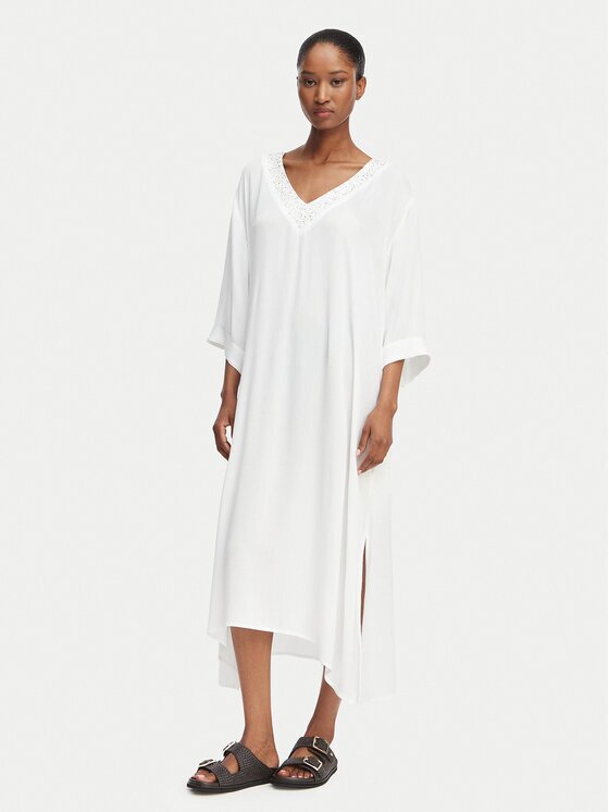 Selmark Плажна рокля V-Neck BN395 Бял Relaxed Fit
