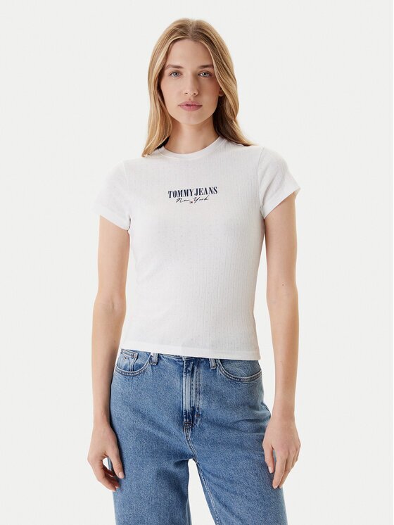 Tommy Jeans Тишърт Logo Pointelle DW0DW20899 Екрю Slim Fit