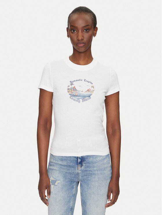 Tommy Jeans Тишърт Romance DW0DW21342 Екрю Slim Fit