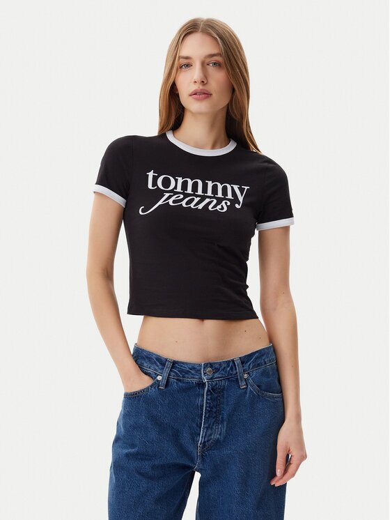 Tommy Jeans Тишърт Script Ringer DW0DW20631 Екрю Slim Fit